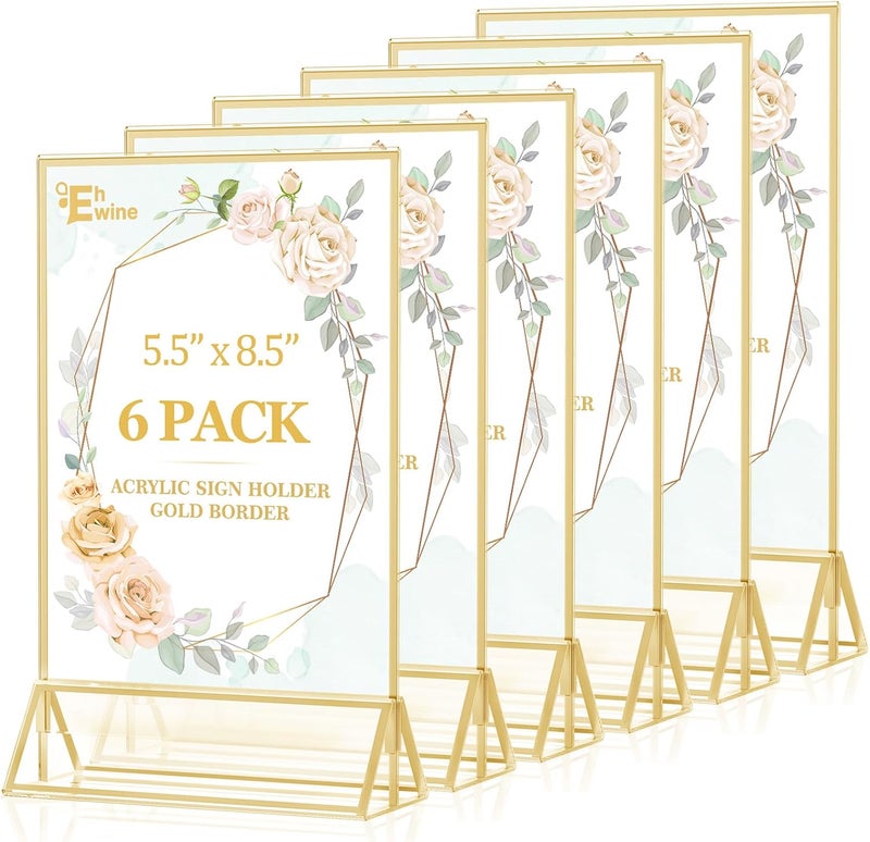 EHWINE 6 Pack Acrylic Sign Holder 5.5 x 8.5, Double Sided Gold Picture Frame Stand up Table Top Sign Holders, Clear Display Stand Menu Flyer Holder for Wedding Party - Image 1